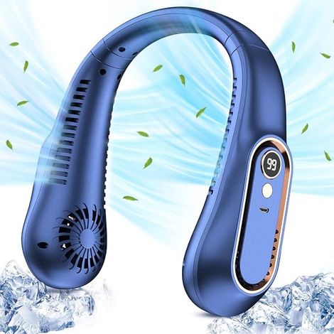 Ventilatore da collo portatile, 5 velocità del vento, unisex, flusso d'aria verticale a 720°, senza pale, ricaricabile tramite USB, display a LED, funzionamento a mani libere, adatto per viaggi e s...