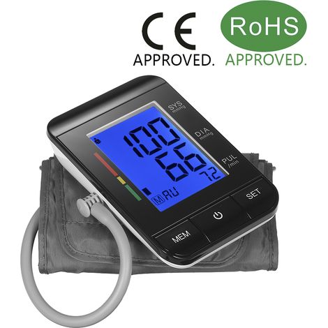 Tensiomètre AlphagoMed LCD pour bras avec brassard, sphygmomanomètre numérique, fréquence cardiaque/2 modes utilisateur/mémoire de 90 données/indicateur IHB, homologué CE, FDA et RoHS (1/5)