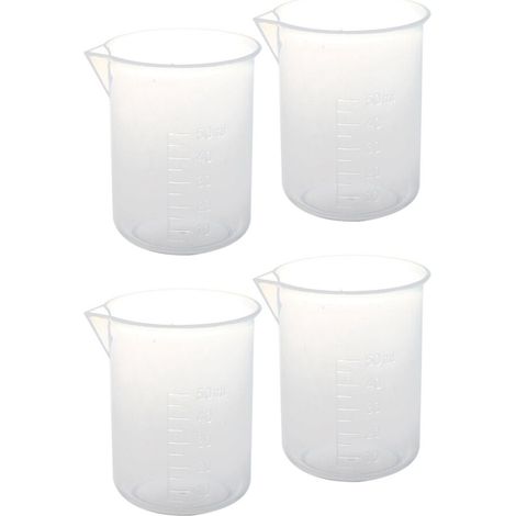 4 vasos medidores de plástico transparentes de 50 ml para agua y líquidos, ideales para laboratorio. (1/4)