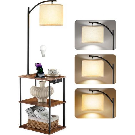 Floor Lamp with Side Table and Shelves, LED Floor Lamp with USB-A and Type-C Charging Ports, 3 Color Temperatures 9W Bulb Fabric Shade for Living Room Bedroom (1/5)