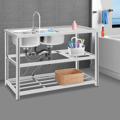 Évier de cuisine en acier inoxydable - 2 bacs - 3 niveaux - Autoportant - Évier gastro pour cuisine, restaurant, camping - 120 x 45 x 80 cm - Avec accessoires (1/5)
