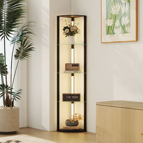 Lampada da Terra con Ripiani in Vetro e Luce LED, Lampada da Pavimento con 3 Livelli di Luminosità e Interruttore a Pedale, per Salotto e Soggiorno, Nero (1/5)
