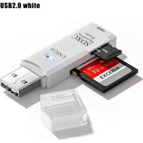 Lecteur Carte Micro SD - USB 3 0 Et 2 0 - Compatible Avec Caméra Et Ordinateur - Blanc - 1 Pièce