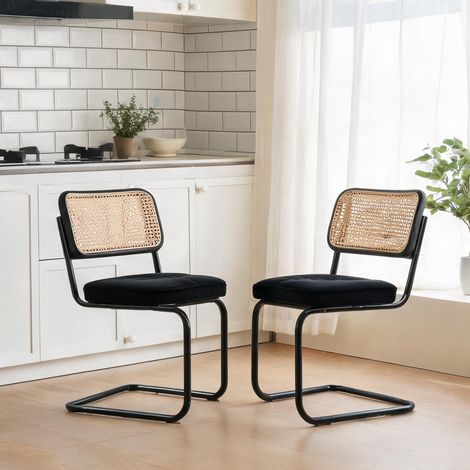 Set de 2 chaises de salle à manger en rotin et tissu noir (1/5)