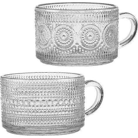 Tasse vintage en verre, empilable, à décor en relief, avec anse, idéale pour le café, le thé ou le yaourt au lait. (1/5)