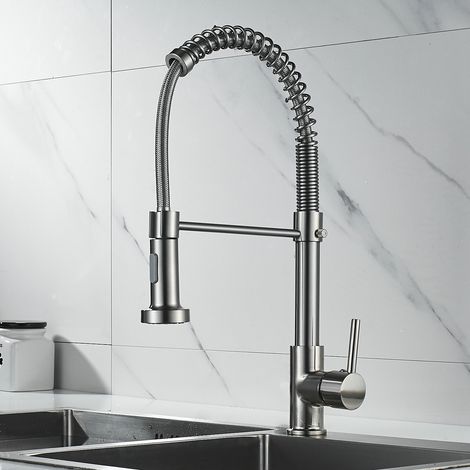 Rubinetto da cucina girevole a 360°, finitura in acciaio inox spazzolato, con doccetta estraibile, miscelatore standard per uso commerciale.