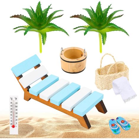Accessoire de sauna miniature - 9 pièces - Accessoire de décoration de bien-être - Décoration de plage et de mer - Mini chaise longue micropaysage pour accessoires photo et bricolage - Plage et jardin (1/5)