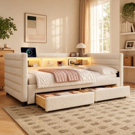 Lit avec tiroirs 90x190 en velours beige LED HAVRYA (1/5)