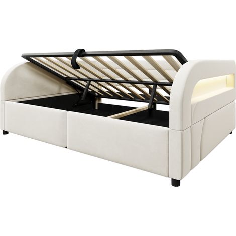 Cama canapé tapizada 140 x 200 cm con almacenamiento hidráulico y LED RGB HOMVRA beige (1/5)