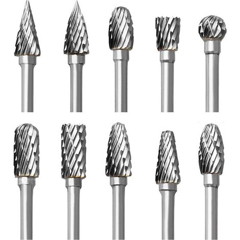 Jeu de Fraises Rotatives en Carbure, 10 pièces Double Coupe Fraises pour Dremel Accessoires avec Tige Sculpture sur bois, Perçage, Gravure, Polissage de Métal (1/5)