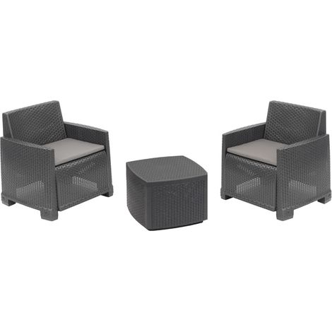 Salon d'extérieur avec 2 fauteuils et 1 Table de Rangement, Effet rotin avec Coussins, Anthracite (1/3)