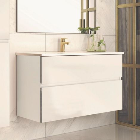 Meuble de salle de bain mural 100 cm avec 2 tiroirs et vasque incluse laqué blanc - Mances (1/2)