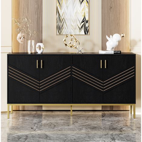 Sideboard aus MDF in Schwarz-Holzoptik 160x40x80,5 cm, 4 Türen, 2 höhenverstellbare Einlegeböden, Metallgriffe und -beine (1/5)