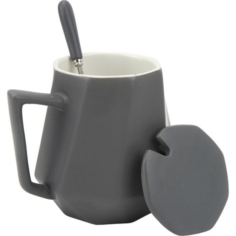 Keramik-Kaffeetassen, schlichtes und innovatives geometrisches Polyeder-Design, mit Deckel, 450 ml, grau, ideal für Zuhause und Büro. (1/5)
