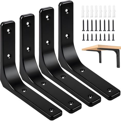 Équerres de fixation en métal (10 x 10 cm / 4 x 4 pouces) – Supports muraux robustes en forme de L pour comptoirs ou renforts d'angle – Noir, lot de 4 (1/5)