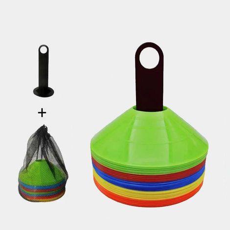 Packung mit 30 Trainingsmarkierungskegeln 5 leuchtende Farben: Hochwertige Trainingsausrüstung für Fußball, Rugby und Fitness.
