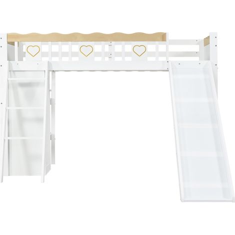 Letto a soppalco per bambino con scivolo, armadio e contenitori, 90 x 200 cm, bianco e naturale (1/5)