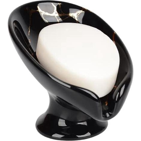 Porte-savon en céramique, auto-égouttant, aspect marbre, en forme de feuille, pour salle de bain, noir. (1/5)