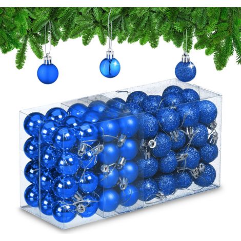 Relaxdays Palline di Natale, Set da 96 Palle Opache, Lucide, Glitterate, HxD: 4x3 cm, Addobbi Albero Natalizi, Blu