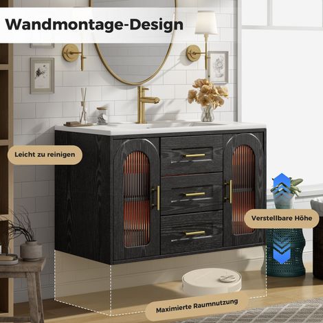 Meuble salle de bain mural 76cm avec vasque, bois noir grainé, porte en verre cannelé, éclairage LED, étagères réglables et tiroirs, meuble sous vasque moderne, sans robinet (1/5)