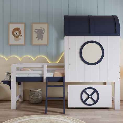 Lit mi-hauteur pour enfant 90 x 200 cm, avec baldaquin et fenêtre, tiroirs, échelle inclinée, blanc + bleu foncé (1/5)