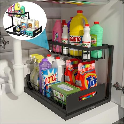 Rangement Sous Evier - Accessoires de cuisine - Noir - Coulissant - Polyvalent - Organisateur (1/4)
