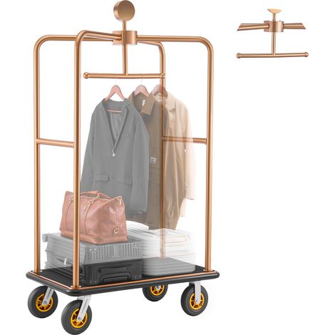 VEVOR Hotelgepäckwagen aus Edelstahl, 544,31 kg Belastbarer Kofferwagen mit 8 Zoll Gummirädern, Hotelwagen mit Schwarzem Teppichboden & Garderobenstange, Gepäckwagen für Hotels Resorts, Rosegold (1/5)