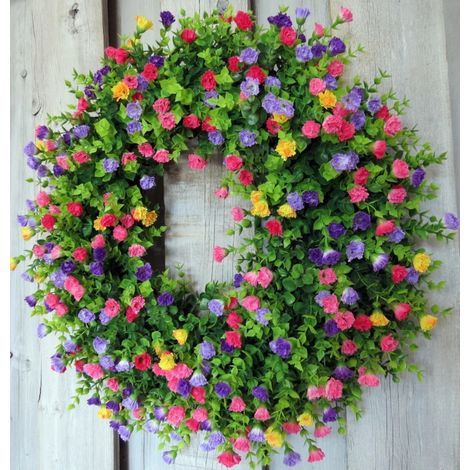 Couronne printanière et estivale colorée, style champêtre, avec fleurs artificielles, idéale pour décorer une porte d'entrée, un mur, un jardin ou un mariage. (1/5)