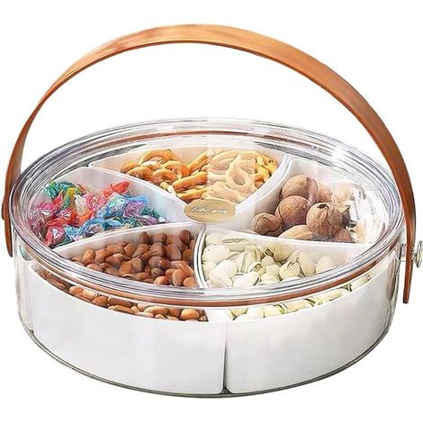 Boîte à Goûter avec Compartments, Assiette à Collation Portable, Ronde, Diamètre 26 cm, avec Couvercle Hermétique et Poignée, pour Fruits, Noix et Collations, Convient pour les Fêtes, les (1/5)