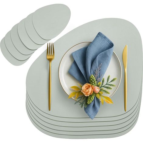 YORKING 6er Set Tischset aus Leder-Imitat, Starke rutschfeste & wasserdichte Tischsets aus Kunstleder, Oval Tischset 42x33cm mit Untersetzer für Küche & Esszimmer-6x Platzset + 6X Untersetzer, Grau