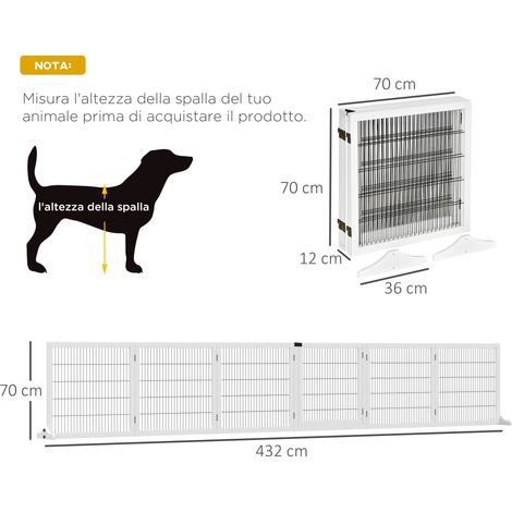 Barrière pliable pour chien à 6 panneaux, adaptée aux chiens de petite et moyenne taille, en bois et acier, 432 x 36 x 70 cm, blanche (1/5)