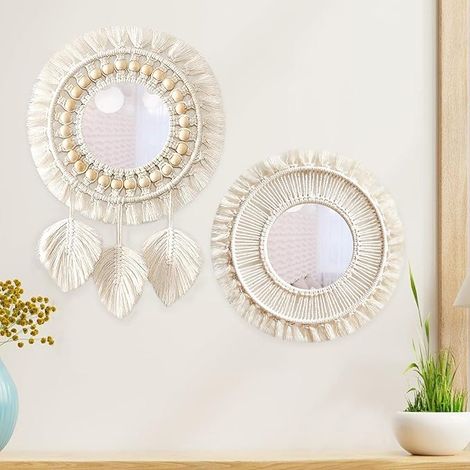 miroirs décoratifs à suspendre au mur avec franges tissées, miroir mural rond bohème en macramé pour salon, chambre à coucher (1/5)