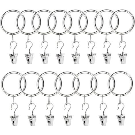 15 Pièces Rideau Bague Clips avec Crochet, Anneaux à Pince 32mm Diamètre Intérieur, Acier Inoxydable Métal Anneaux Clip Rideau, Anneaux de Rideau, pour Rideaux et Tringles (Argent) (1/5)