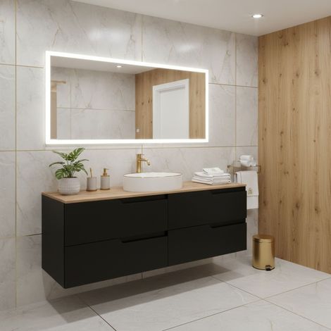 Meuble de salle de bain suspendu 120 cm, noir et brun, plan de toilette, 4 tiroirs, façades en MDF, sans vasque – MODERN (1/5)