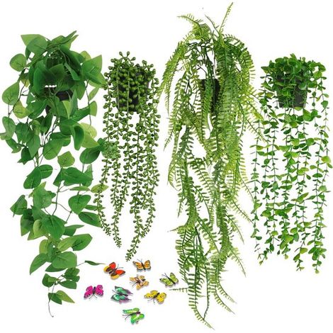 Ensemble de 4 plantes artificielles avec pots, plantes suspendues pour l'intérieur et l'extérieur, idéales pour la décoration murale et les bureaux. (1/5)