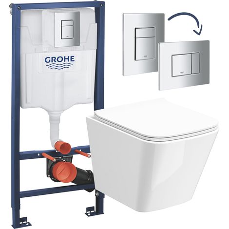 Gloss White Rimless Compact Square Wall Hung Toilet with Grohe Rapid 1.13m Concealed Cistern Frame Set