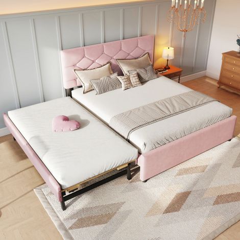 Lit gigogne - lit 140x200 cm - sommier lattes, tiroir - tissu en velours rose - sans matelas.