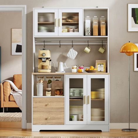 Buffet haut de cuisine 110x40x178 cm,LED RGB via appli,2 prises+2 USB,4 portes en verre trempé,MDF,blanc avec plateau effet bois (1/5)