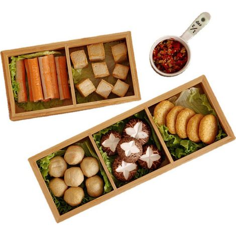 Plateau en bois compartimenté à plusieurs niveaux, plateau de service pour restaurants de fondue chinoise, assiette à sushis à 3 compartiments (1/5)