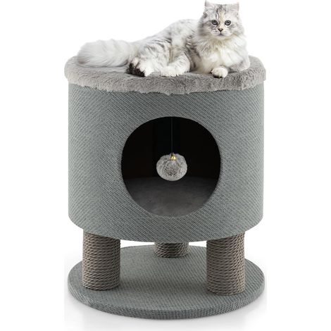 COSTWAY Niche Maison pour Chat d'Intérieur, Petit Condo pour Chat avec Balle en Peluche, Arbre à Chat 47 CM avec Griffoirs, Meuble pour Chat 3 en 1 avec Design de Tabouret, Charge 60 KG (Gris) (1/5)