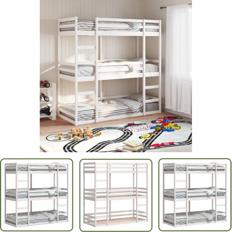 The Living Store Dreifach-Etagenbett Weiß 90x190 cm Massivholz Kiefer - Holzbett - Etagenbett - Kinderzimmer - Jugendzimmer - Gästebett (1/5)