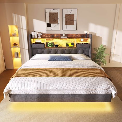 Lit capitonné LED 180x200 cm Lit double suspendu tête de lit avec tiroirs étagères et charge USB + Type-C Sommier à lattes Lin Gris (1/5)