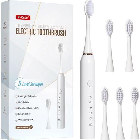 Brosse à dents électrique rechargeable avec 6 têtes de brosse à dents Duponts, avec minuterie intelligente de 2 minutes, 5 modes avec blanchiment des dents, cadeau pour la famille (1/5)