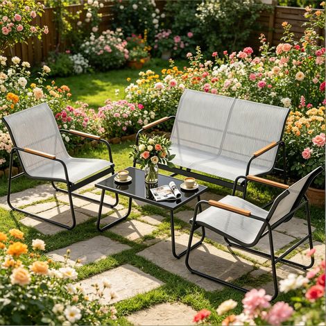 Conjunto de jardín 4 piezas con sofá de 2 plazas, 2 sillones y mesa de cristal gris OKWISH (1/5)