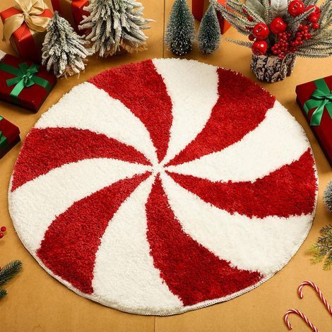 Tapis de salle de bain de Noël 60cm - apis de bain ronds lavables,Tapis de bain bonbon rouge blanc,d'hiver Tapis de bain antidérapants,Tapis absorbants Paillasson avec dos pour baignoire Salon Salle à (1/5)