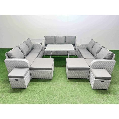Fimous Patio Garden Furniture Sets with Dining Table 3 Seater Sofa Side Table 4 Stool Light Grey (1/4)