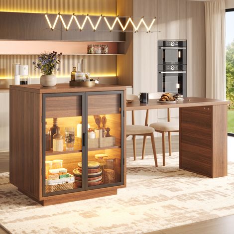 MODFU – Table extensible 122-194,5x70x94 cm MDF/métal – LED par app, USB et rangements – Charge 60 kg – Cuisine – Marron foncé (1/5)