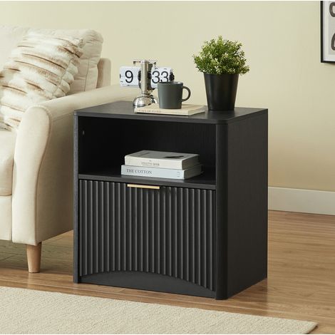 Schwarzer Nachttisch mit offenem Fach und Schublade, 58 x 38 x 60 cm, goldener Griff, OKWISH (1/5)