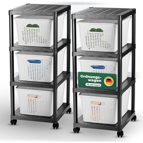 Novaliv 2x chariots roulants 4 niveaux avec panier en rotin blanc, étagère de salle de bain cuisine de salle de bain, chariot de rangement chariot