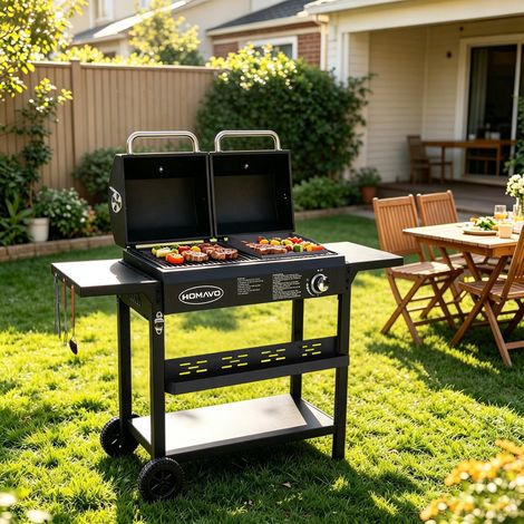 HOMAVO Gas- und Holzkohlegrill mit Warmhalterost/Seitentisch/Transportrollen/Regenschutzhülle, inkl. Flaschenöffner + Haken + Montagewerkzeugsatz